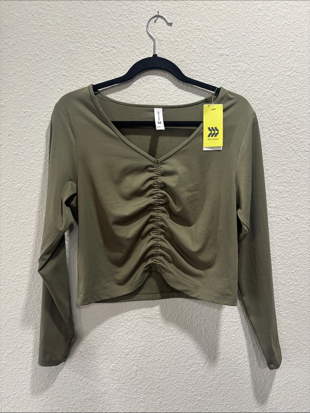 all in motion Olive Ruched V‑Neck Long Sleeve Crop Top